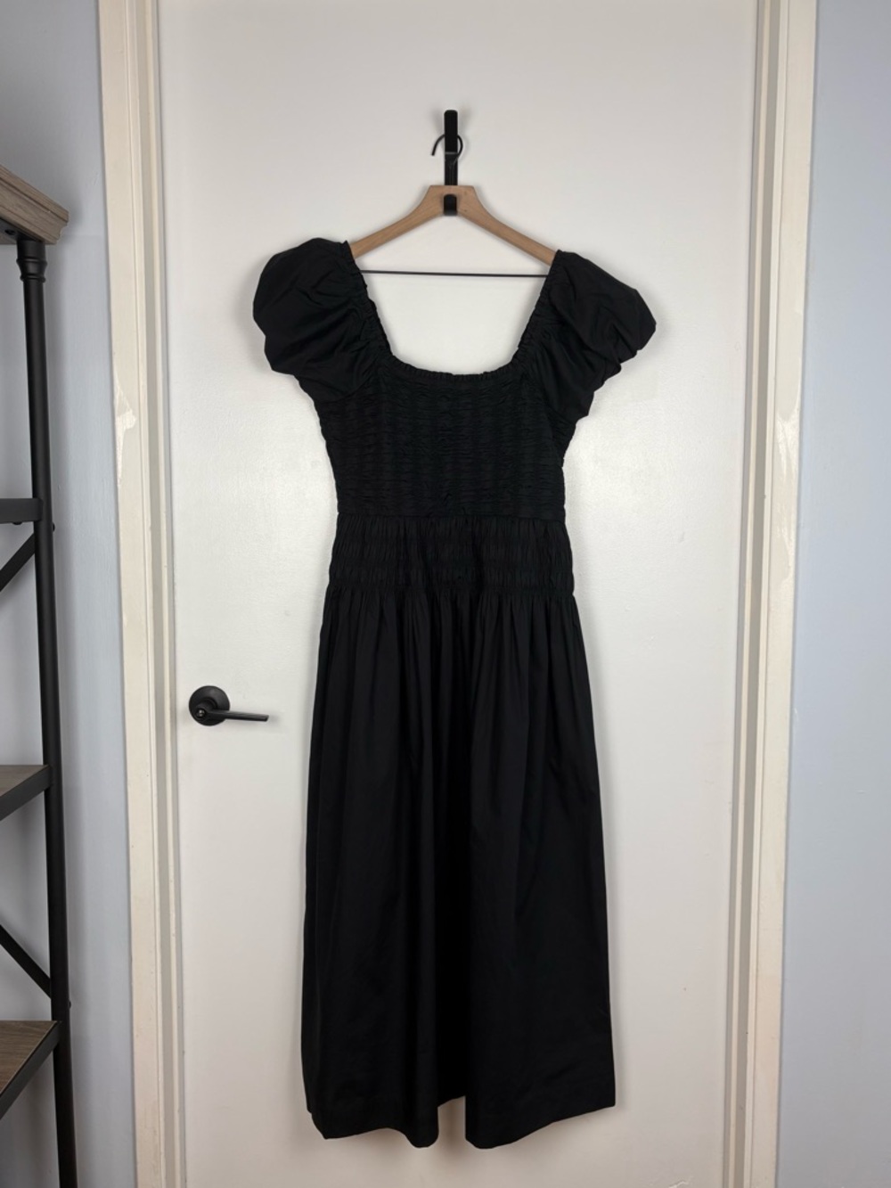 Caroline Constas Black Puff Sleeve Smocked Square Neckline Maxi Cotton Dress